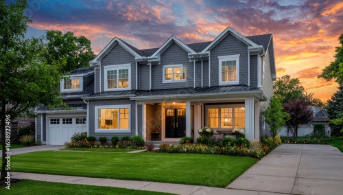 Modern home at dusk,  front view,  sunlit facade