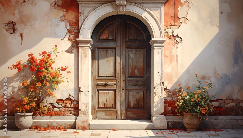 Fototapeta premium A weathered, archway entrance, highlighted by warm sunlight and vibrant orange blossoms, reveals a vintage wooden door, set against a charming, crumbling wall.