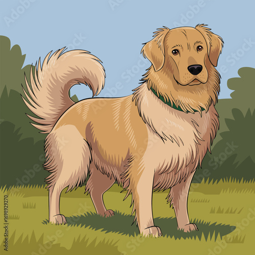 Golden retriever dog standing in grassy field canine animal
