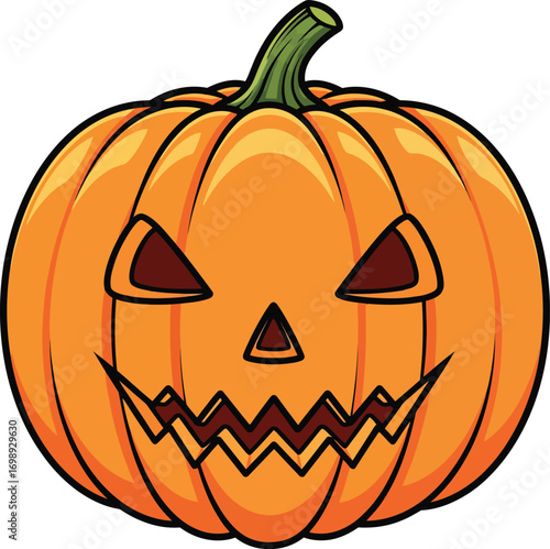Orange pumpkin with carved spooky face and green stem jack o lantern halloween