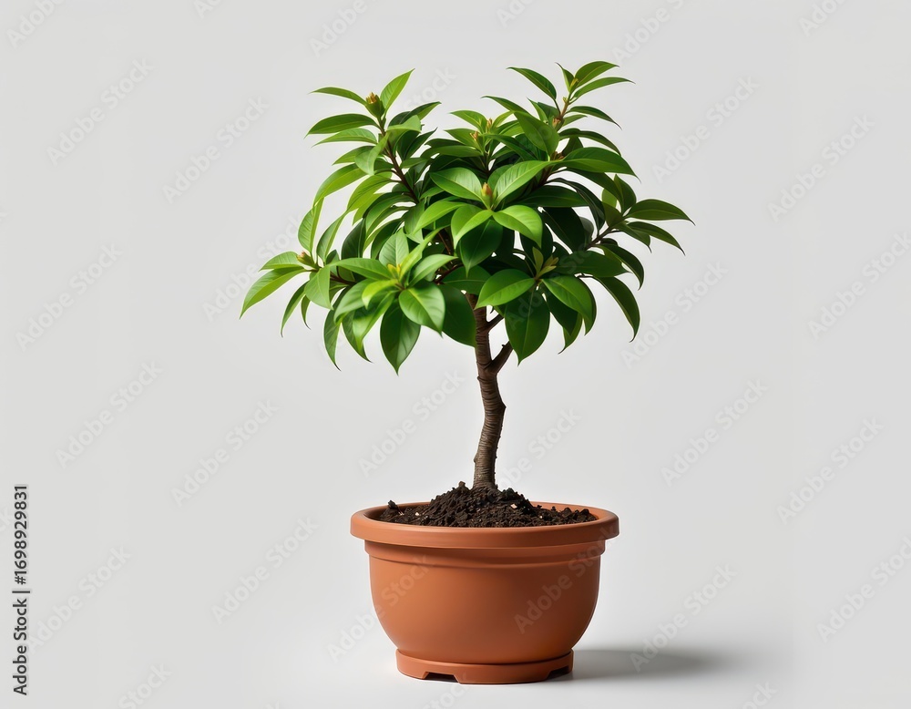 Fototapeta premium Small potted tree isolated on white, lush green foliage, healthy plant, vibrant leaves, decorative houseplant, indoor plant, nature, botany, gardening, spring, high resolution, nature