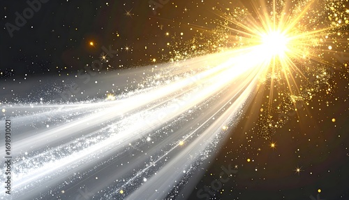 Radiant light rays burst forth from a central brilliant point, creating a dynamic celestial display of gleaming streaks and glittering particles against a dark backdrop.