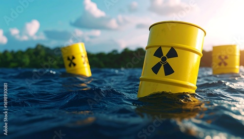 Radioactive barrels adrift in ocean waves