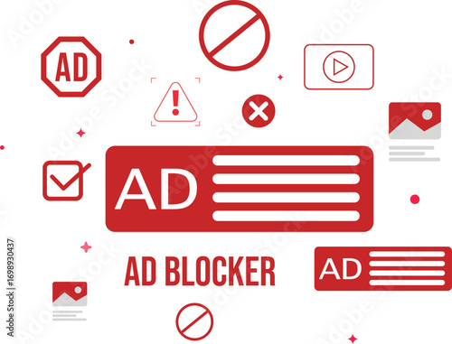 Modern red ad blocker concept illustration editable vector design, blocking advertisement in red shapes