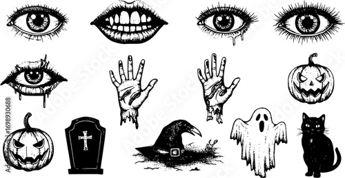 Creepy Halloween collage elements with vintage stippling photocopy effect. Eye, mouth, zombie hand, pumpkin jack, raven, ghost, cat with experimental grunge dotted texture. Retro vector illustration