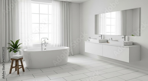 A bright and modern white bathroom with a freestanding bathtub  double vanity  and large window with sheer curtains.