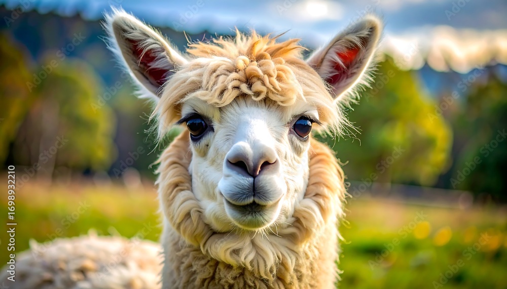 Obraz premium A close-up portrait of a fluffy alpaca, showcasing its gentle expression and soft, light beige fur, set against a blurred background of vibrant autumnal colors.