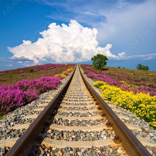 Railroad track through vibrant flowers