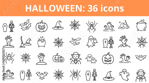 Halloween themed icons collection featuring spooky symbols and characters  