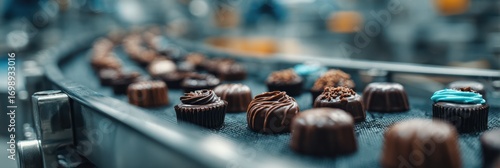 Chocolate treats moving along a conveyor belt in a factory during the production process