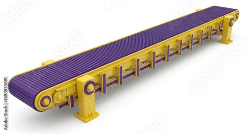 Long Conveyor Belt System with Purple Surface and Yellow Supports.