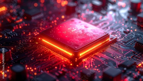 Close-up view of a powerful processor chip on a complex circuit board, highlighted by vibrant red and orange lights.