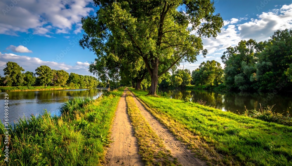 Obraz premium Picturesque river path lined with trees