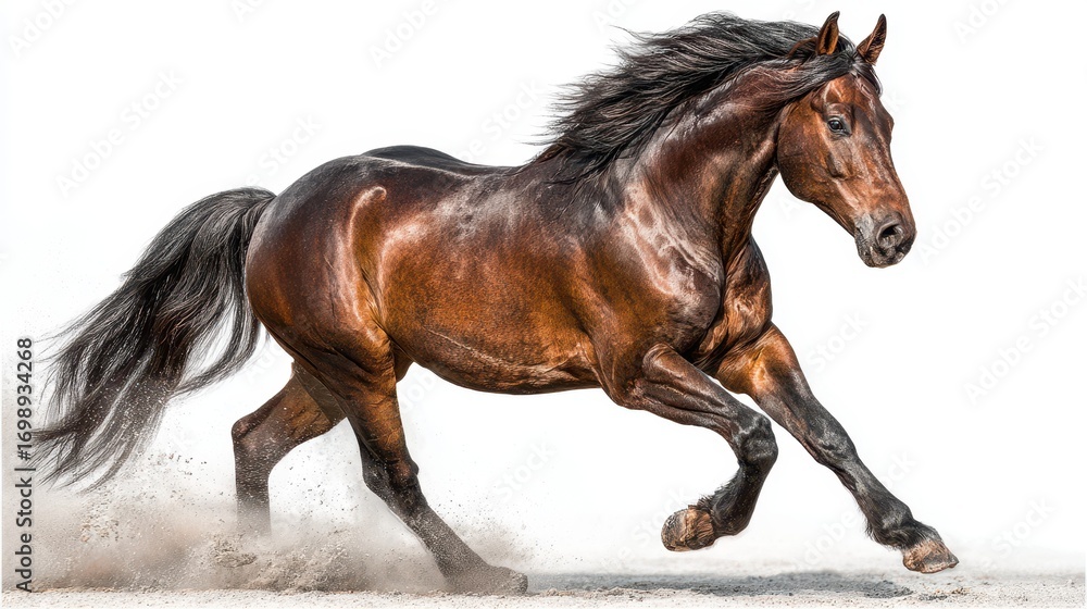 Obraz premium Majestic horse gallops across sandy terrain under bright sunlight in an open space