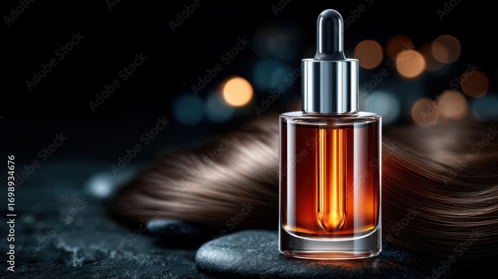 Fototapeta premium Luxurious hair serum in glass bottle with healthy hair strand on dark stone surface, ideal for beauty and hair care promotions.