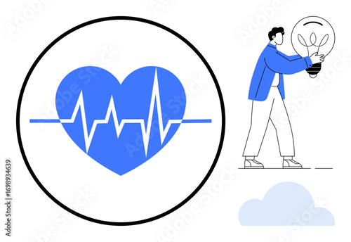 Heartbeat inside blue heart with ECG line, man holding lightbulb, and cloud at bottom. Ideal for health, innovation, energy, self-care, creativity wellness technology. Simple flat metaphor