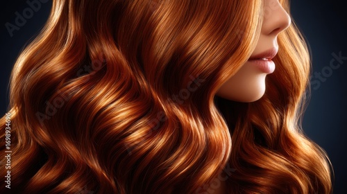 Close-up of a woman's wavy, vibrant red hair and lips, ideal for beauty and haircare advertising.