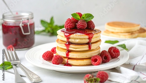 Stacked pancakes with raspberries and syrup