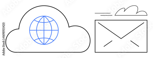 Cloud with globe signifying global connectivity near flying envelope representing digital email exchange. Ideal for web services, cloud storage, digital communication, global marketing, networking