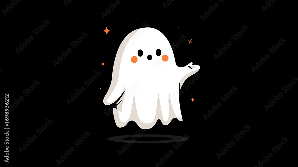Obraz premium Cute cartoon ghost waving in a whimsical design with a dark background, perfect for Halloween decorations