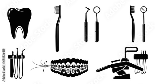 Tooth and dental tools black silhouette vector set