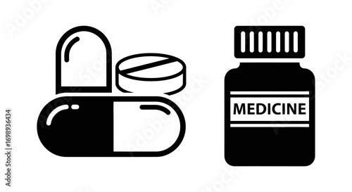 Pill capsule and medicine bottle black fill icon set