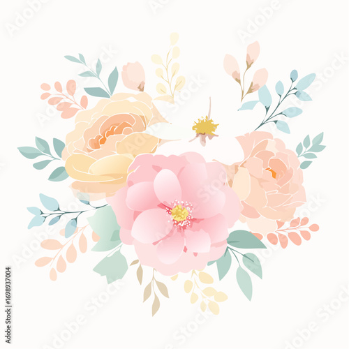 Zarte Aquarellblumen in Pastellrosa und Vanillefarben, leicht verblasst im Vintage-Look