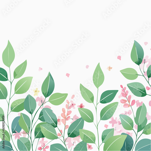 Aquarellhintergrund mit sanften Eukalyptusblättern in Pastellgrün und kleinen rosafarbenen Blüten