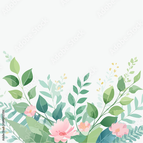 Aquarellhintergrund mit sanften Eukalyptusblättern in Pastellgrün und kleinen rosafarbenen Blüten
