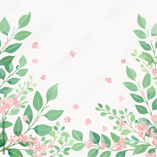 Aquarellhintergrund mit sanften Eukalyptusblättern in Pastellgrün und kleinen rosafarbenen Blüten