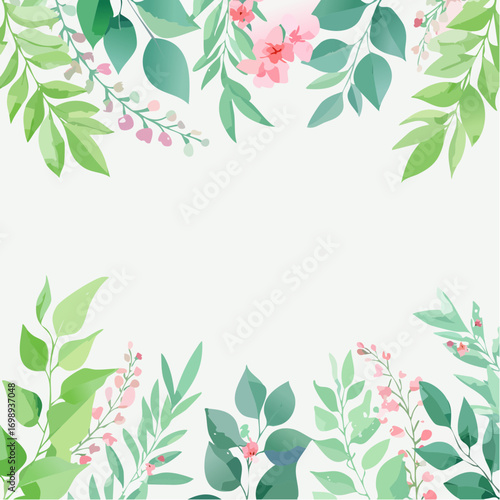 Aquarellhintergrund mit sanften Eukalyptusblättern in Pastellgrün und kleinen rosafarbenen Blüten