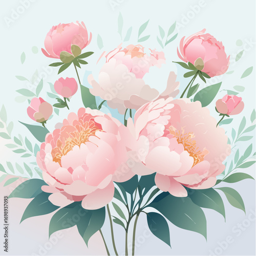 Große, weiche Pfingstrosen in Rosa und Creme, aquarelliert und verträumt auf hellem Hintergrund