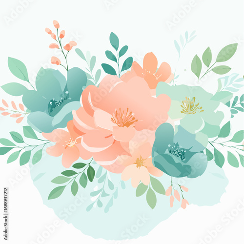 Pastellhintergrund mit Aquarellblumen in sanftem Mintgrün und Pfirsichtönen