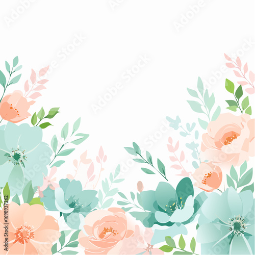 Pastellhintergrund mit Aquarellblumen in sanftem Mintgrün und Pfirsichtönen