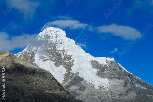 Huascaran mountain range in Cordillera Blanca, Peru near city Huaraz. Peruvian mountain summits. Snow and glacier mountains of Peru. Huascaran third tallest mountain in South America Peruvian Andes