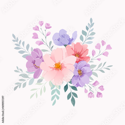 Zarte Aquarellblüten in Rosa, Lavendel und Flieder auf hellem Hintergrund