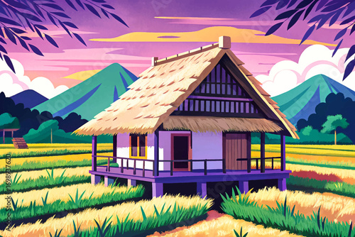 Rustic straw roof cabin in rice field vector, surrounded by green paddies, peaceful countryside retreat