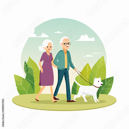 Senioren beim Spazieren mit Hund