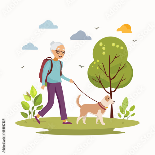 Senioren beim Spazieren mit Hund
