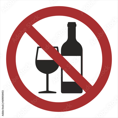 No Alcohol Sign with Wine Bottle and Glass Illustration