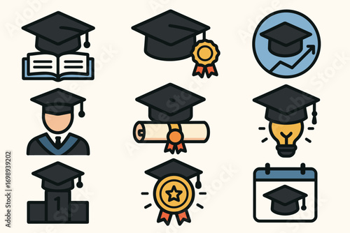 graduation cap icons, diploma certificate vector, academic success illustration, education award set, student achievement symbols, university degree artwork, learning and knowledge icons, school gradu