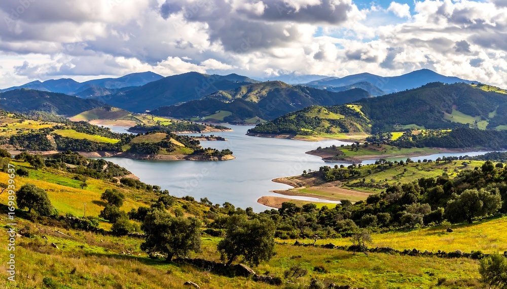 Fototapeta premium Panoramic view of a reservoir nestled in a valley surrounded by rolling hills