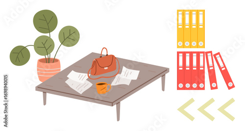 Table with scattered documents, handbag, coffee mug, potted plant, and stacked file folders. Ideal for productivity, office, file management organization work planning creative workspace. Simple