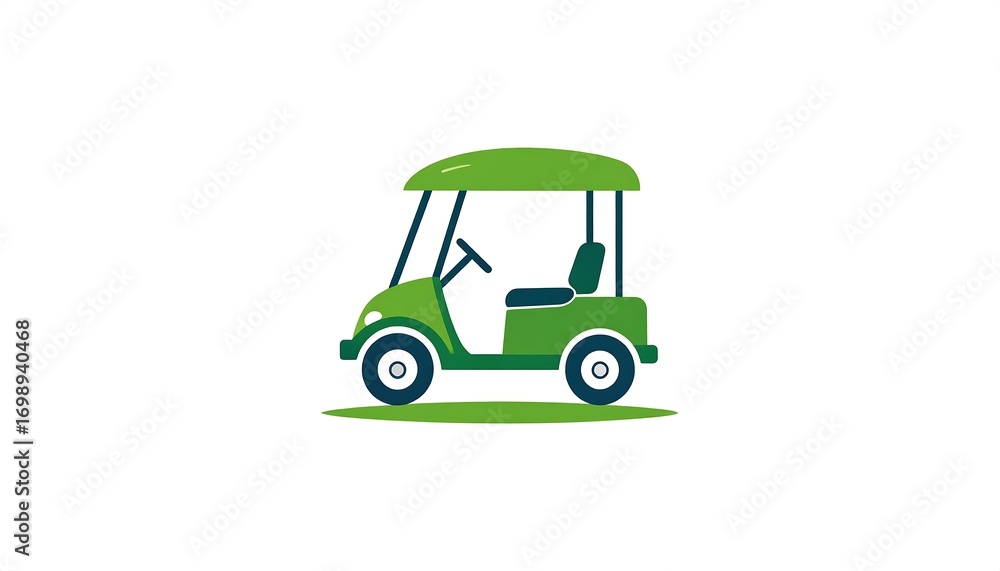 Fototapeta premium A stylized depiction of a golf cart, rendered in vibrant green and dark accents, positioned on a grassy plain against a plain white background.