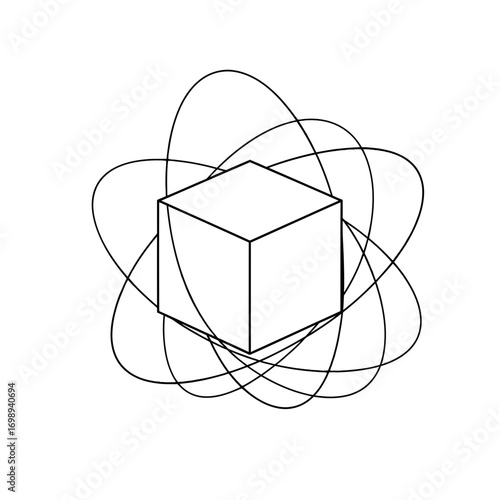 Vector art of abstract minimalist atomic cube with orbital paths