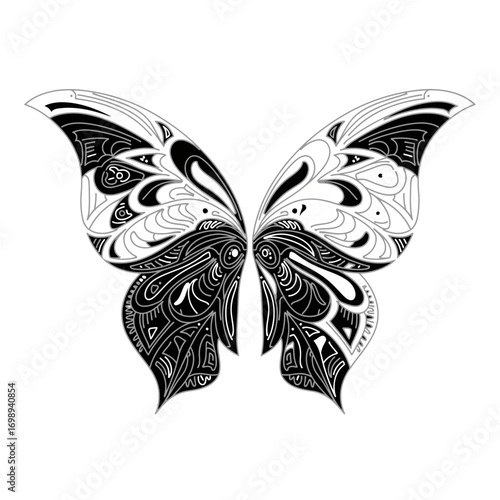 Vector art of intricate black and white butterfly with symmetrical ornamental patterns