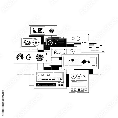 Vector art of abstract black and white geometric and textual design elements with overlapping shapes and typography