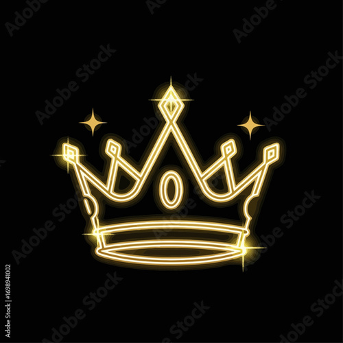 Vector art of elegant glowing golden crown illustration with sparkling stars and intricate line art design