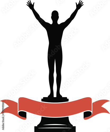 Black silhouette of a triumphant figure with arms raised on a trophy base with red ribbon vector