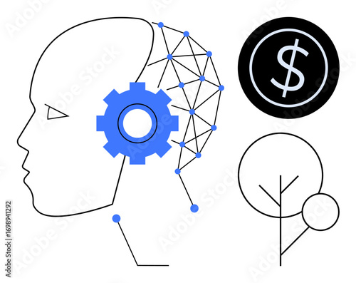 Geometric human head with neural nodes, blue gear, money icon, and tree. Ideal for artificial intelligence, innovation, finance, research automation growth sustainability. Simple flat metaphor
